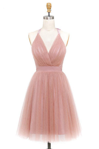 A-Line Pink Tulle Deep V-neck Backless Pleats Mini Homecoming Dress