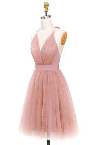 A-Line Pink Tulle Deep V-neck Backless Pleats Mini Homecoming Dress