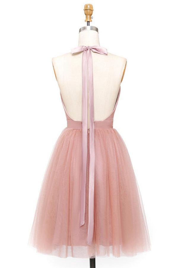 A-Linie Rosa Tüll Tiefem V-Ausschnitt Rückenfreies Falten Mini Homecoming Kleid