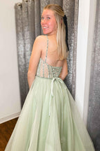 Vestido de fiesta de tul con lentejuelas y cuentas, corte A, tirantes verde salvia