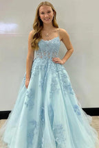 A-Line Spaghetti Straps Corset Back long Prom Dress With Appliques