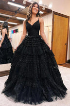 A-Line Spagnetti Straps V-Neck Tiered Tulle Long Prom Dress