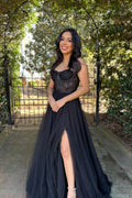 A-Line Sweetheart Neck Black Lace Long Prom Dress Formal Dress