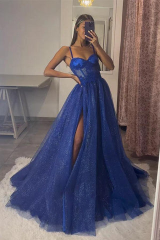 Vestido de fiesta largo azul rey con escote corazón y tul con encaje PSK491