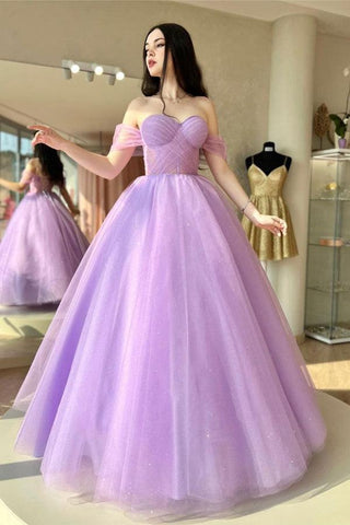 A-Line Sweetheart Neck Tulle Purple Long Prom Dress Formal Dresses
