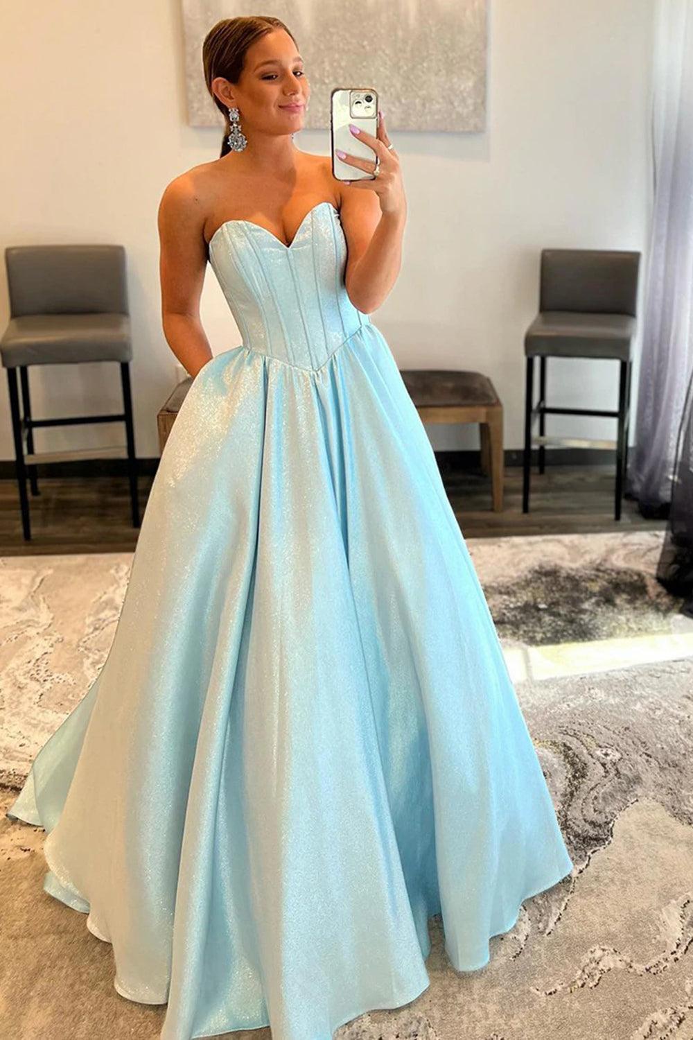 A-Linien-Abendkleid, trägerlos, blau, lang, mit Herzausschnitt
