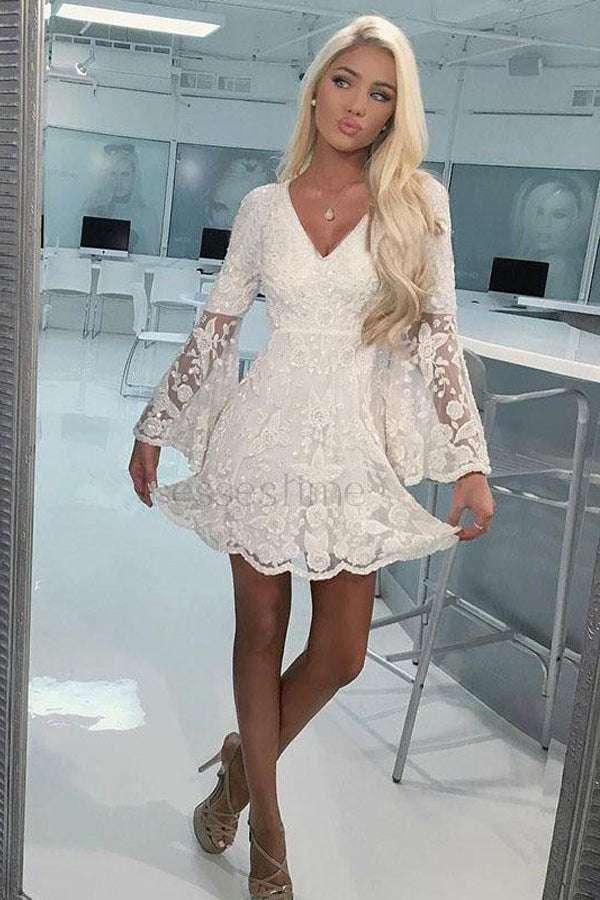 A-Line V-neck Open Back Bell Sleeves Short Ivory Lace Homecoming Dress Custom Size / Custom Color