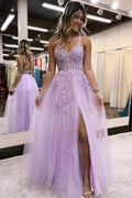 Vestido de fiesta de noche con escote en V, corte A, tul lila, abertura larga