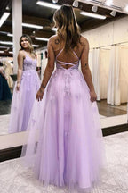 Vestido de fiesta de noche con escote en V, corte A, tul lila, abertura larga