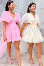 A-Line V Neck Pink Homecoming Dress With Flutter Sleeves PD506
