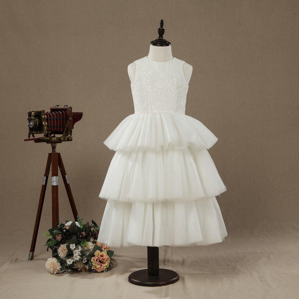 NumberSea - A - line Tea - length Lace match Tulle Flower Girl Dress Jewel Neck Sleeveless with Tiers