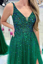 A-line Dark Green V Neck Sequined Tulle Prom Dresses