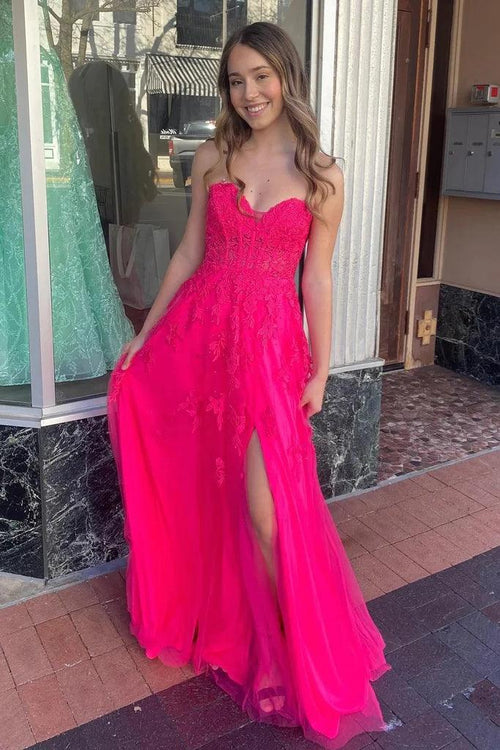 Vestido de fiesta largo de corte A con apliques florales, sin tirantes, en rosa intenso