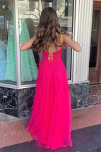A-line Hot Pink Strapless Floral Appliques Long Prom Dress