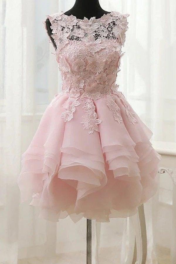 A-line Lace Bateau Neckline Pink Homecoming Dresses With Appliques