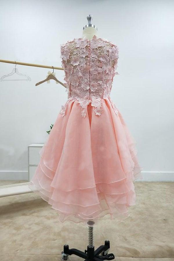A-line Lace Bateau Neckline Pink Homecoming Dresses With Appliques