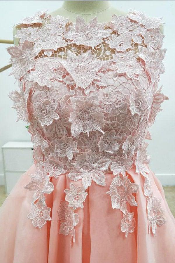 A-line Lace Bateau Neckline Pink Homecoming Dresses With Appliques