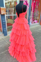A-line Red Layers Plunging V Neck Long Prom Dress