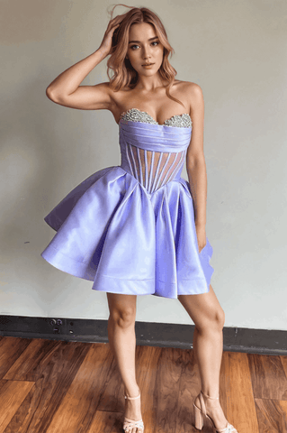 A-line Strapless Sheer Corset Bodice Lavender Homecoming Dress  PD539
