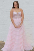 A-line Straps Plunging Neck Pink Sequin Lace Prom Dresses