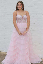 A-line Straps Plunging Neck Pink Sequin Lace Prom Dresses