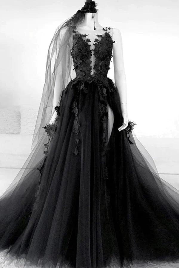 Schwarzes, langes A-Linien-Abendkleid mit V-Ausschnitt und Blumenmuster