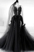 Schwarzes, langes A-Linien-Abendkleid mit V-Ausschnitt und Blumenmuster