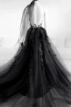 Schwarzes, langes A-Linien-Abendkleid mit V-Ausschnitt und Blumenmuster