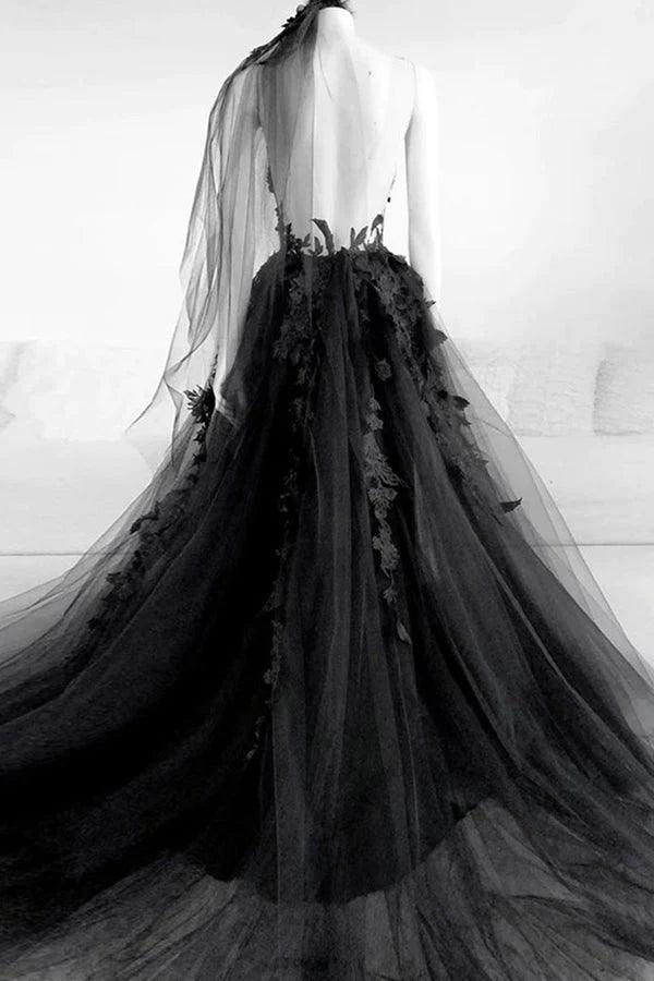 Schwarzes, langes A-Linien-Abendkleid mit V-Ausschnitt und Blumenmuster