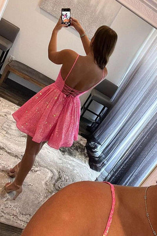 A-line V Neck Sequin Pink Homecoming Dresses Short Party Dresses  PD489