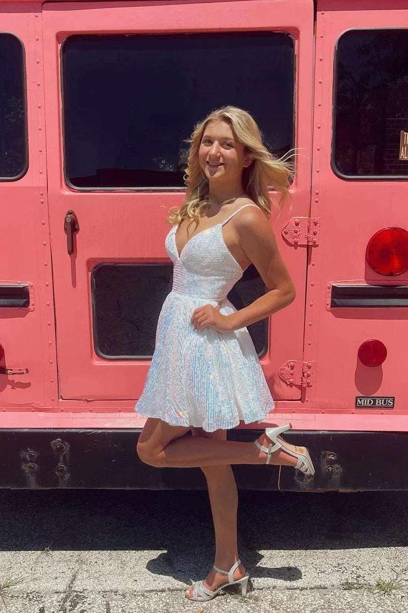 A-line V Neck Sequin Pink Homecoming Dresses Short Party Dresses Custom Size / White