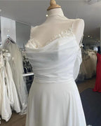 NumberSea NumberSea Vestidos de novia sencillos de gasa con cola de corte, tirantes de encaje, vestidos de novia de corte A, bata bohemia, vestido de novia 