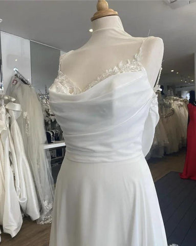 NumberSea NumberSea Vestidos de novia sencillos de gasa con cola de corte, tirantes de encaje, vestidos de novia de corte A, bata bohemia, vestido de novia 