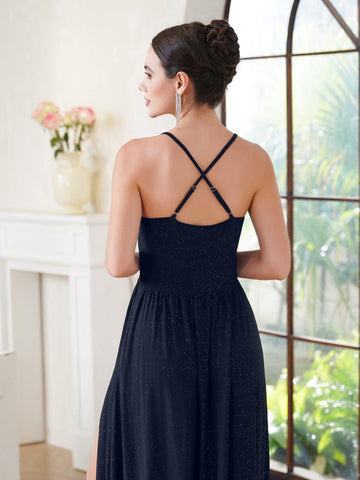 Wunderschönes ärmelloses A-Linien-Brautjungfernkleid in Dunkelgrün mit Schlitz vorne