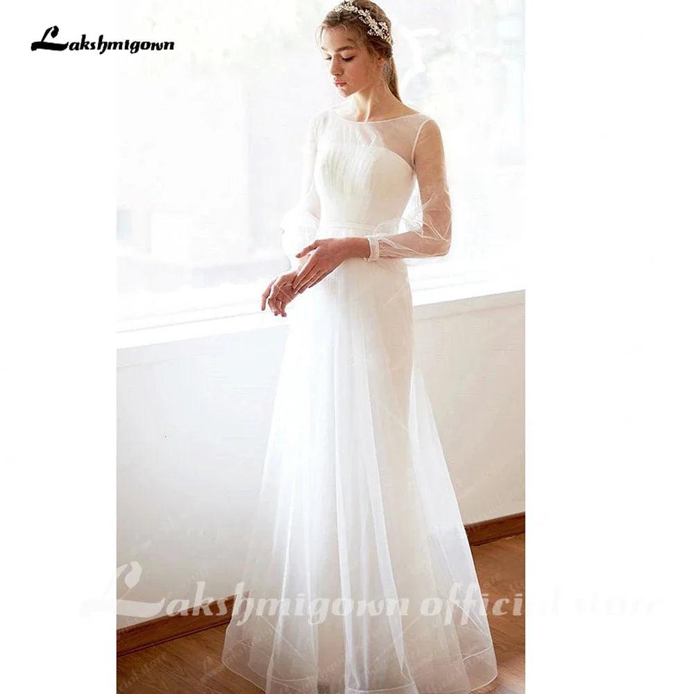 Vestido de novia NumberSea sencillo de corte A y mangas largas, de malla minimalista, con corte recto y encaje transparente 