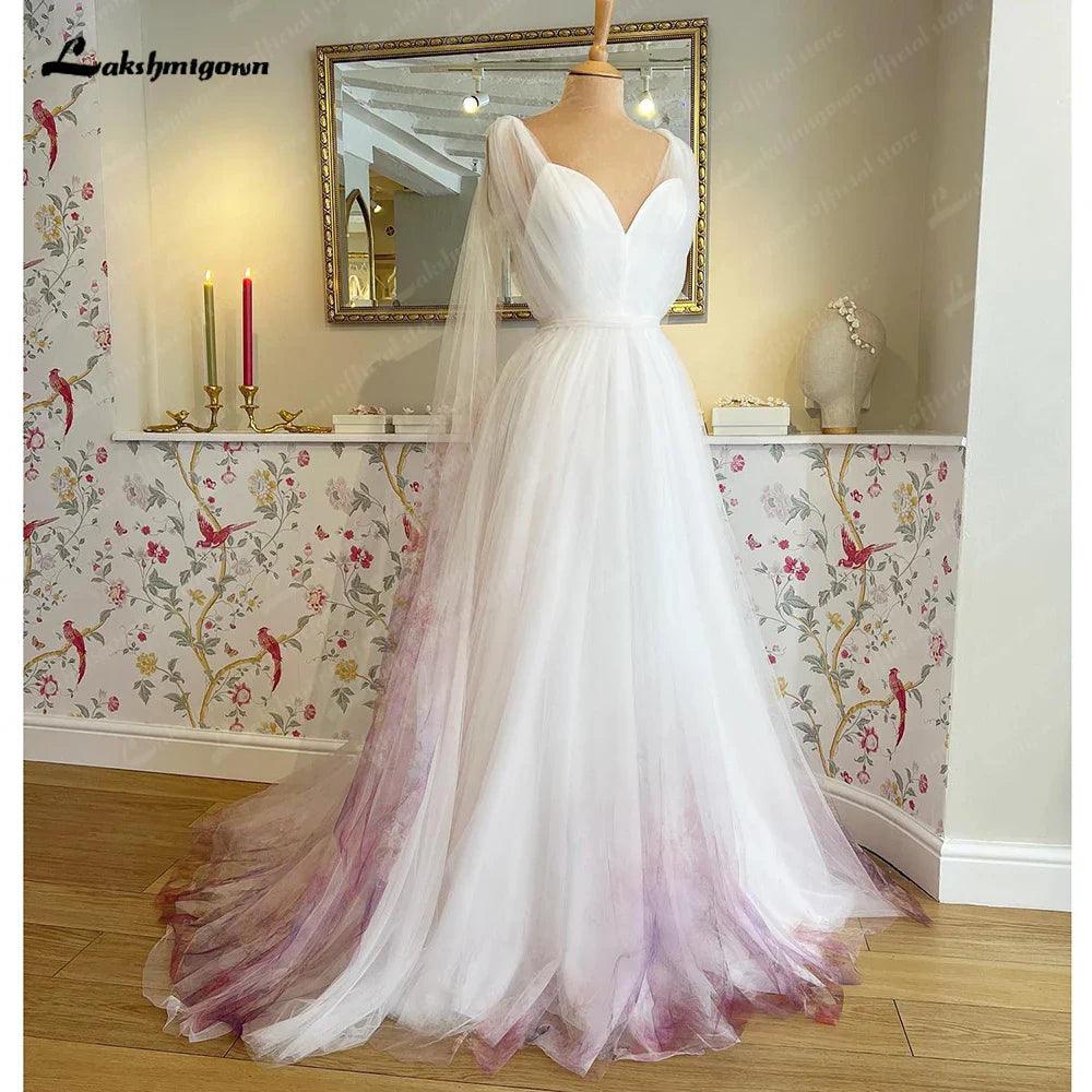 Vestido de novia NumberSea NumberSea con estampado de flores y tul para jardín, con capa, sin mangas, corte A, escote en V, para mujer 