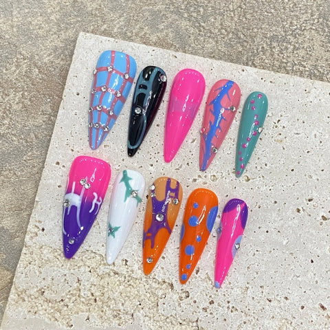 Hot Sale Popular Nail Art Design Colorful Long Pointed Almond Print False Nail Ballet Press on Nails