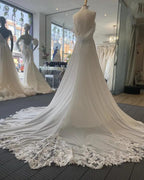 NumberSea NumberSea Vestidos de novia sencillos de gasa con cola de corte, tirantes de encaje, vestidos de novia de corte A, bata bohemia, vestido de novia 