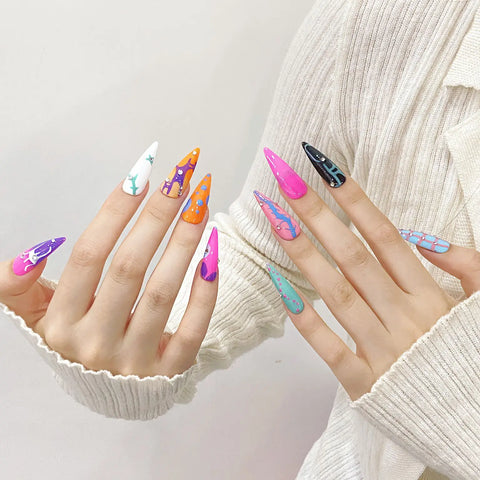 Hot Sale Popular Nail Art Design Colorful Long Pointed Almond Print False Nail Ballet Press on Nails
