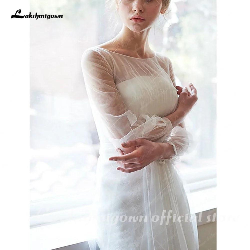 Vestido de novia NumberSea sencillo de corte A y mangas largas, de malla minimalista, con corte recto y encaje transparente 