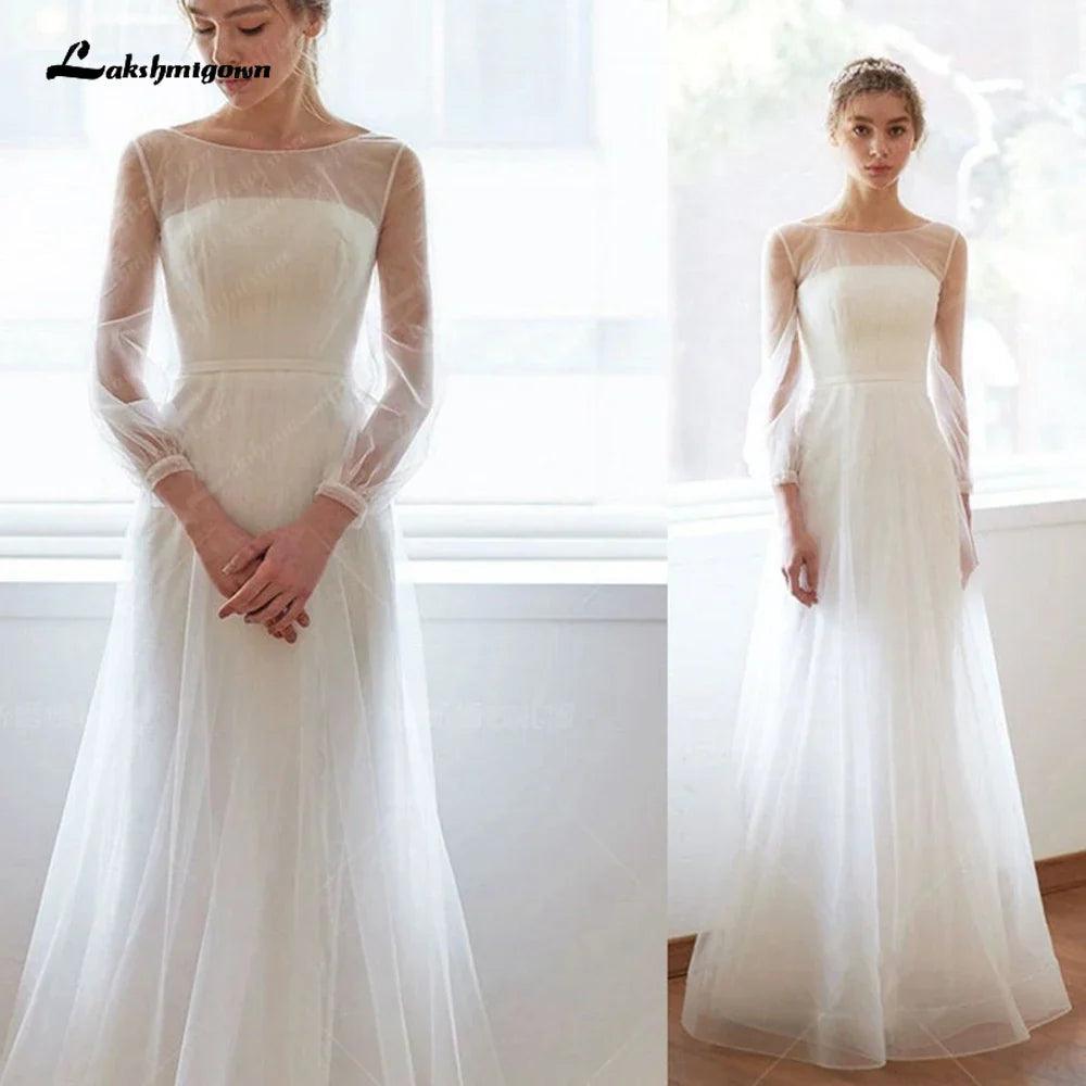 Vestido de novia NumberSea sencillo de corte A y mangas largas, de malla minimalista, con corte recto y encaje transparente 