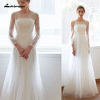 Vestido de novia NumberSea sencillo de corte A y mangas largas, de malla minimalista, con corte recto y encaje transparente 