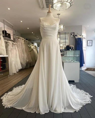 NumberSea NumberSea Vestidos de novia sencillos de gasa con cola de corte, tirantes de encaje, vestidos de novia de corte A, bata bohemia, vestido de novia 