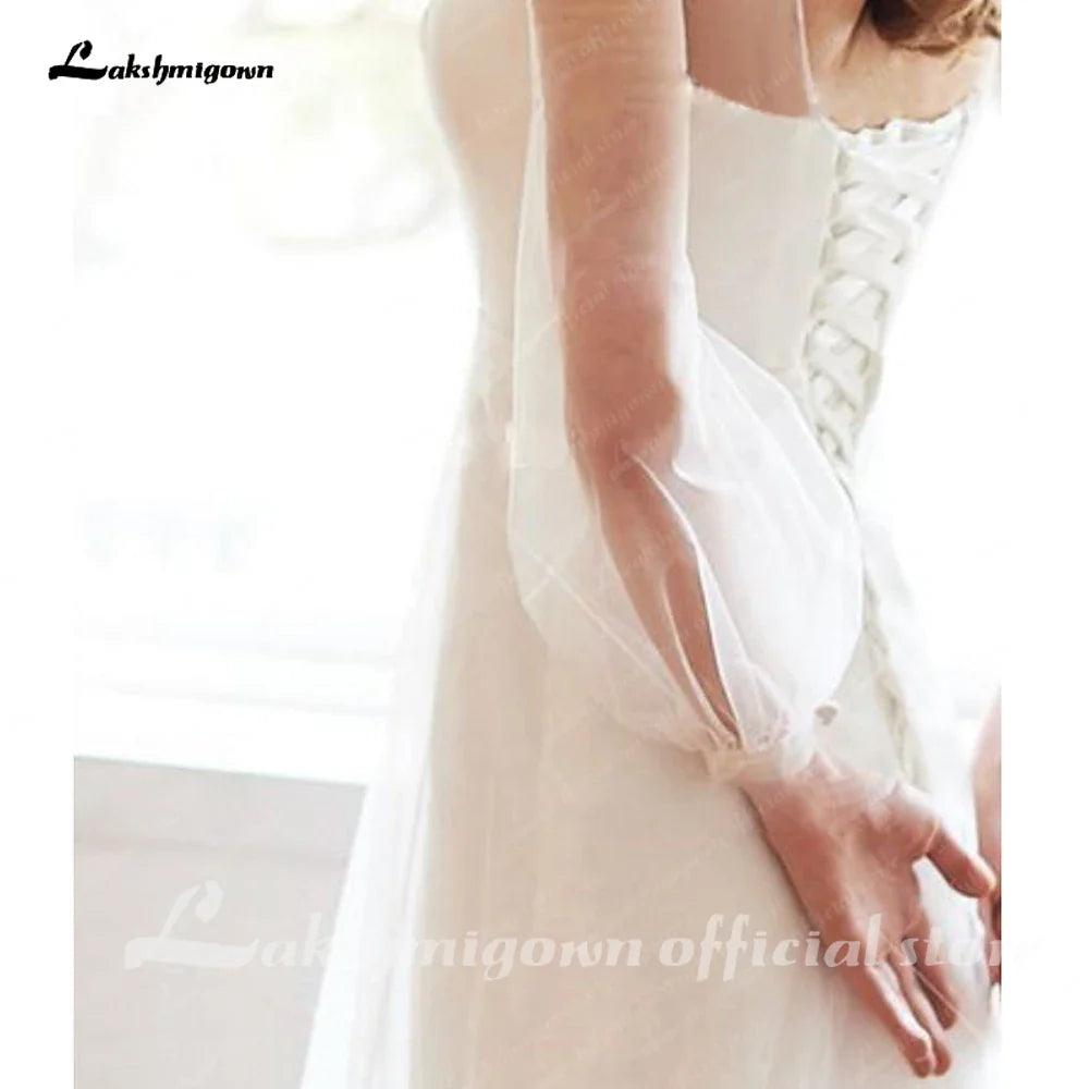 Vestido de novia NumberSea sencillo de corte A y mangas largas, de malla minimalista, con corte recto y encaje transparente 