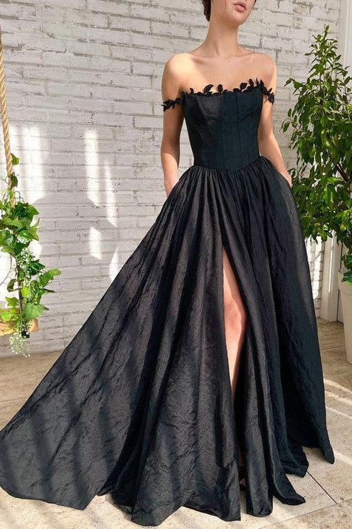 Vestido de fiesta largo negro de tafetán con abertura y bolsillos en línea A