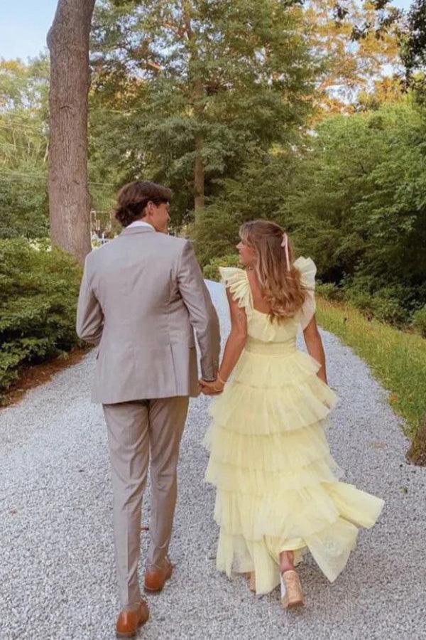 A-Linie Prinzessin Tüll Lagen Gelb Langes Ballkleid PSK599