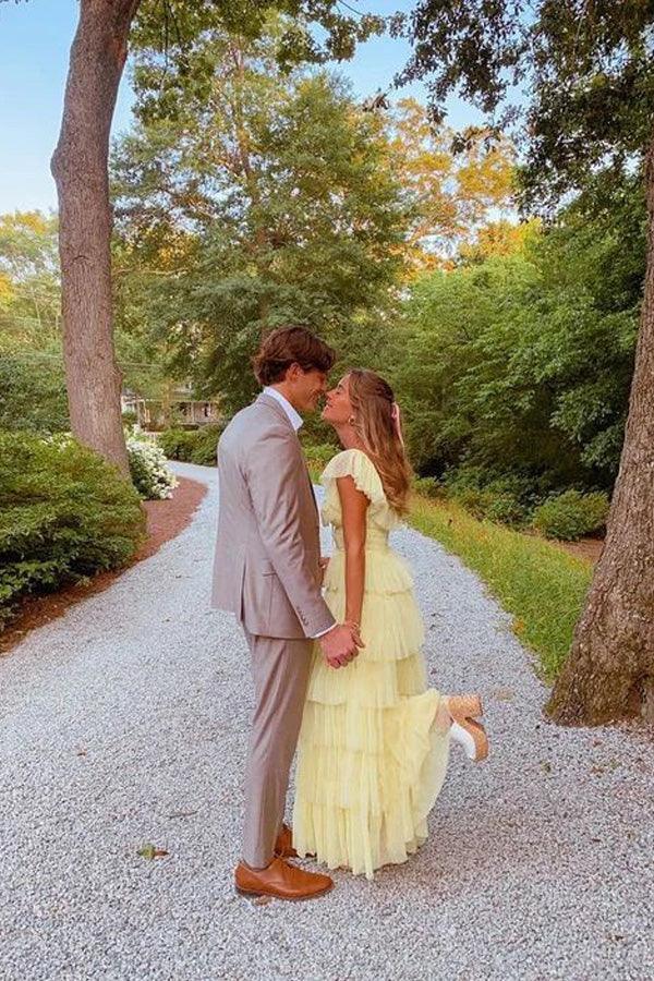 A-Linie Prinzessin Tüll Lagen Gelb Langes Ballkleid PSK599