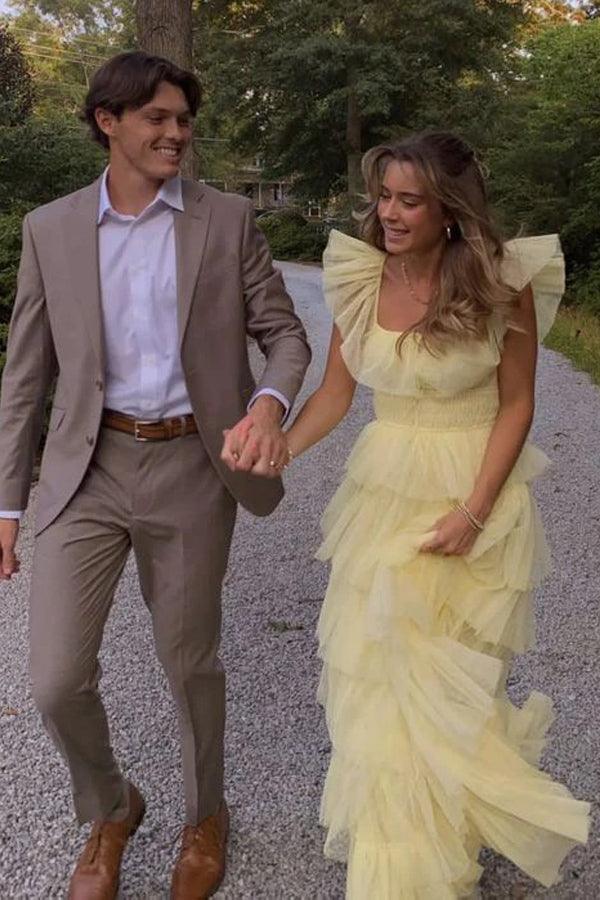 A-Linie Prinzessin Tüll Lagen Gelb Langes Ballkleid PSK599