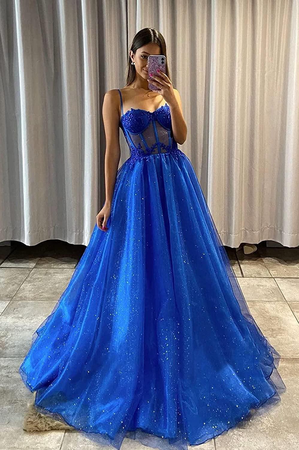 Vestido de fiesta formal de corte A con escote en forma de corazón de tul azul real brillante