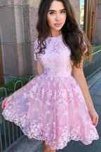A Line Short Sleeve Lace Short Prom Dress Short Homecoming Dress PD451